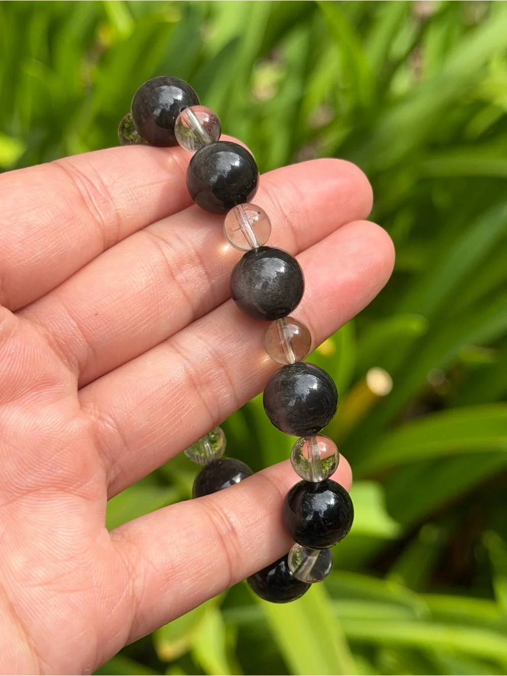 12mm Silver Obsidian Smoky Quartz Stretch Bracelet 2328